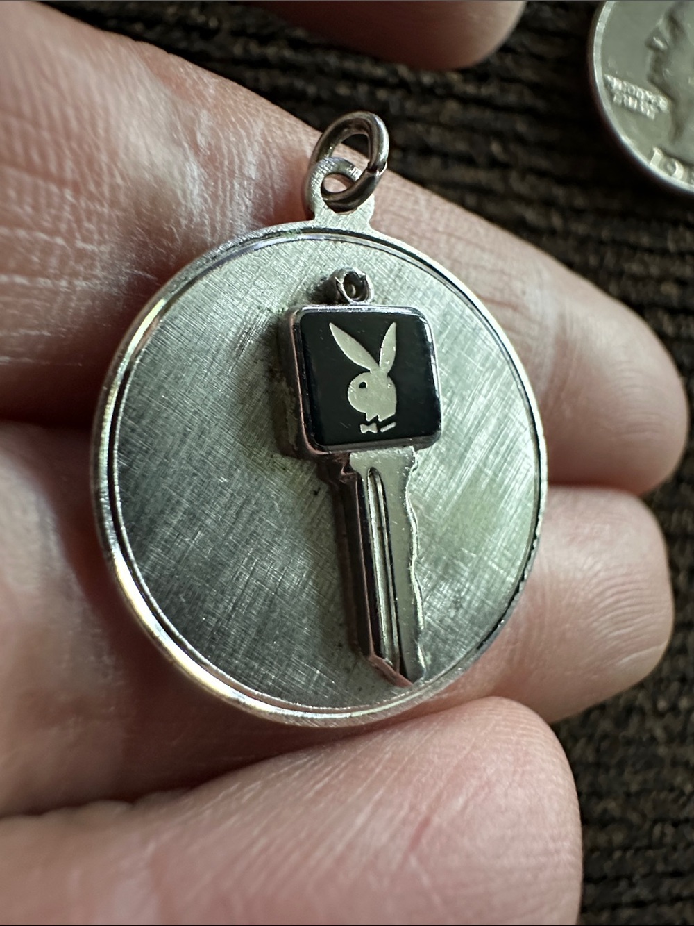 Vintage PLAYBOY Sterling Silver Round Key Pendant with Black Inset